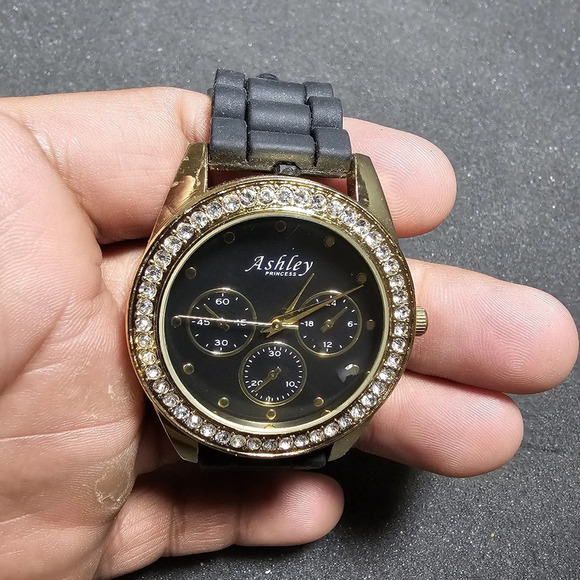 Ashley Princess Ladies Quartz Watch Gold Tone Black Dial Diamond Bezel Working s - Picture 6 of 10